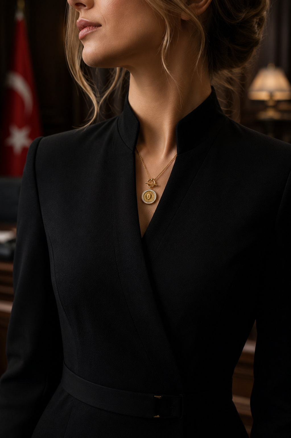 ATA FİGÜRLÜ TAŞ DETAYLI MADALYON ÇELİK KOLYE